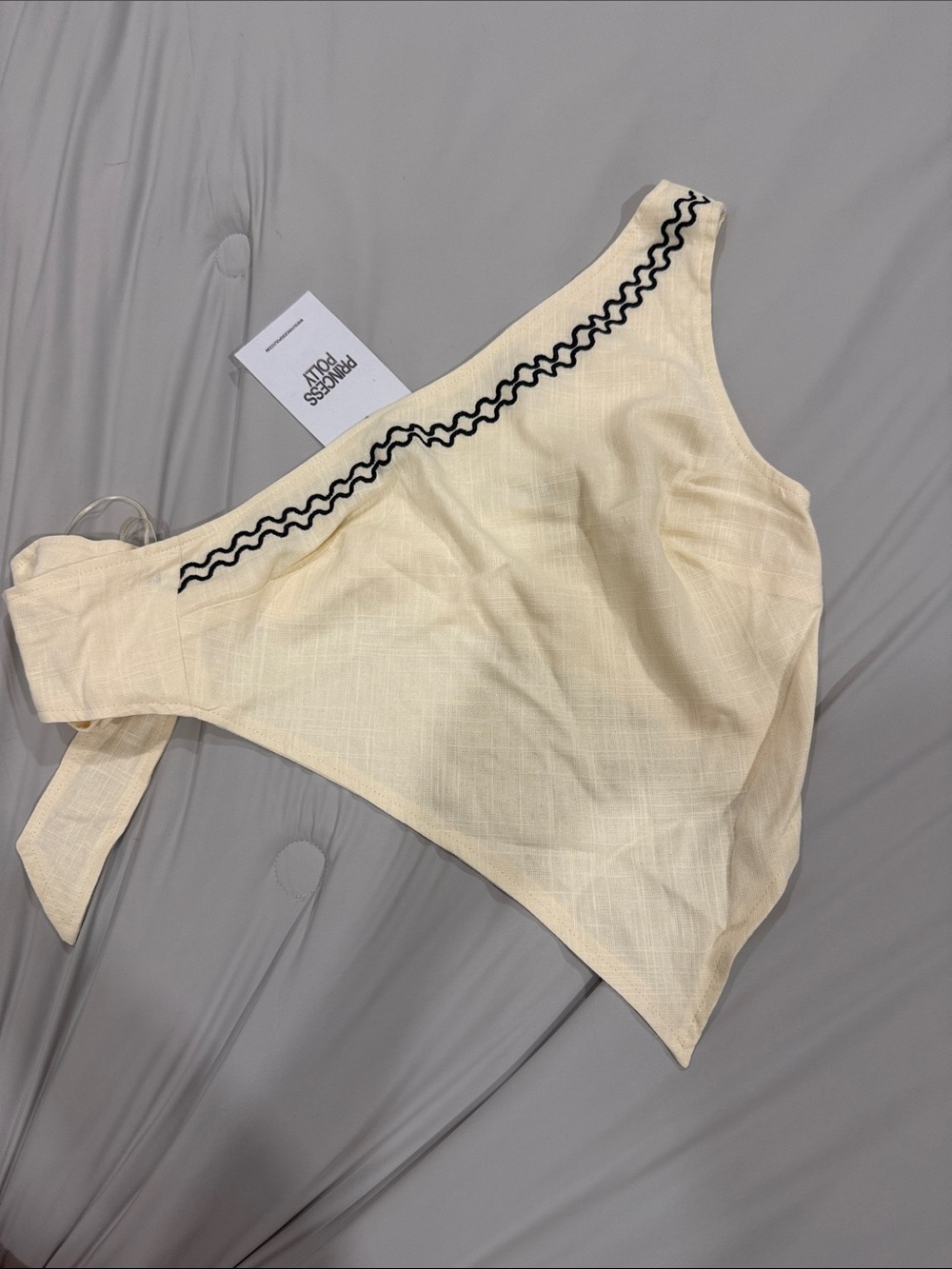 Princess Polly Cream One-Shoulder Tank Top with Black Trim